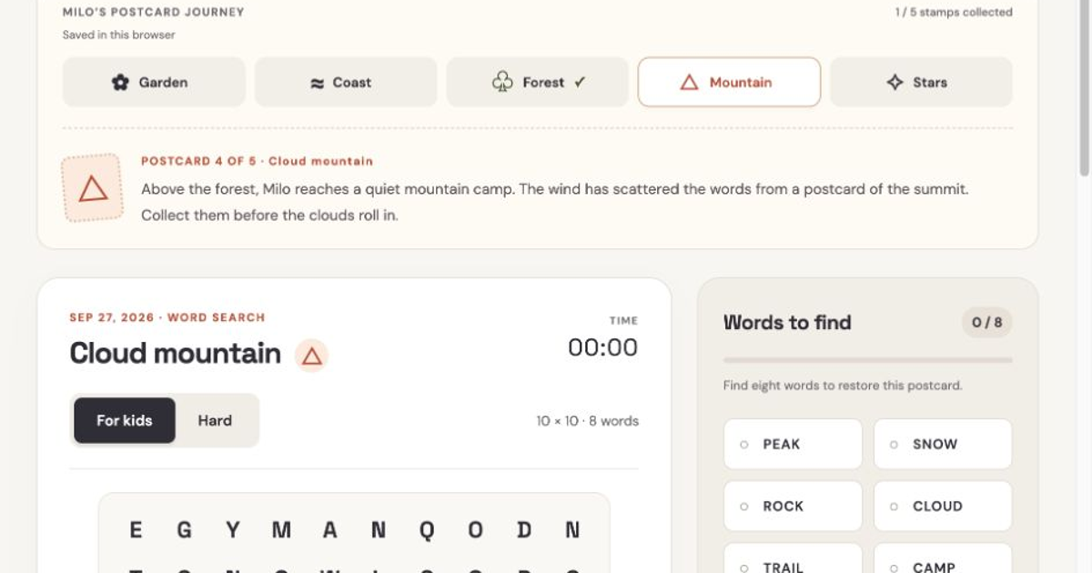 WordRoam’s mountain word-search grid, destination trail, and list of words to find.